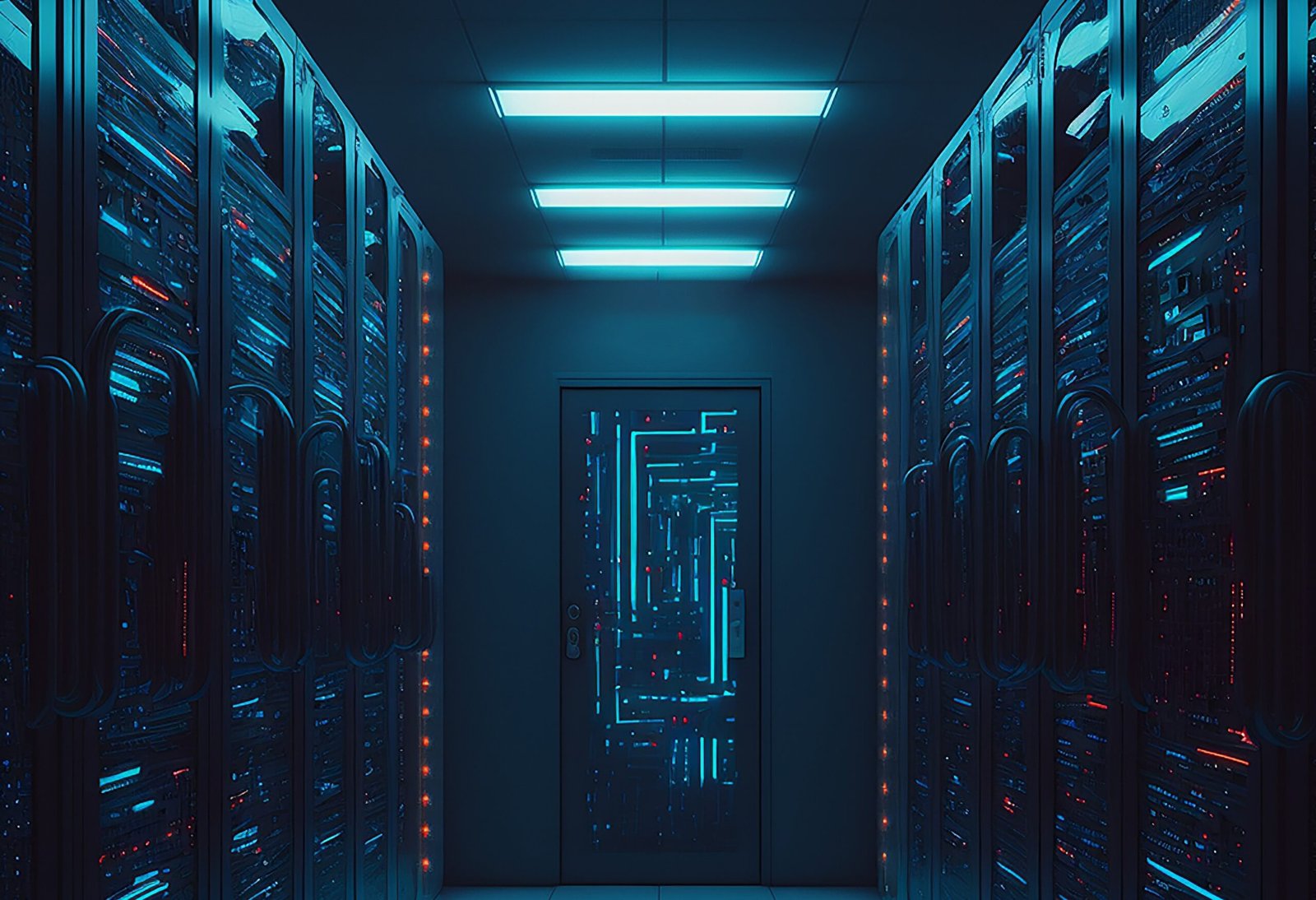 Data server racks hub room with big data computer center. Blue corridor interior for hosting storage hardware system