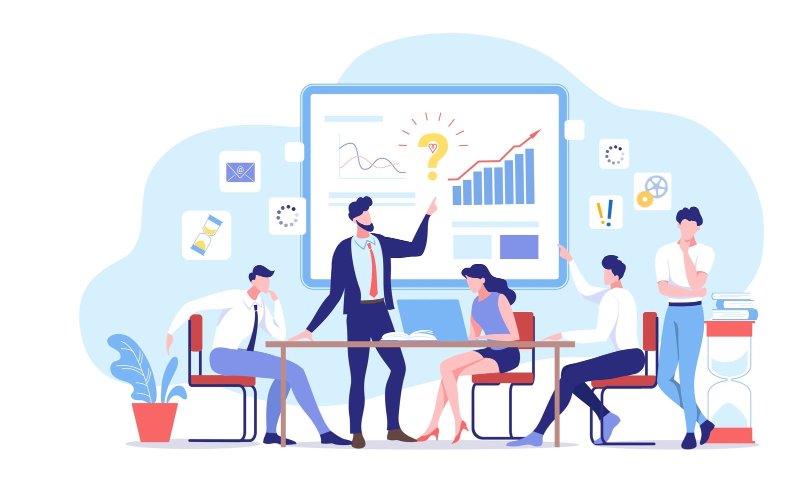 Landing page template of Teamwork Design. People working in a team and interact with graphs. Discussion of the company business strategy. Creative team vector illustration.